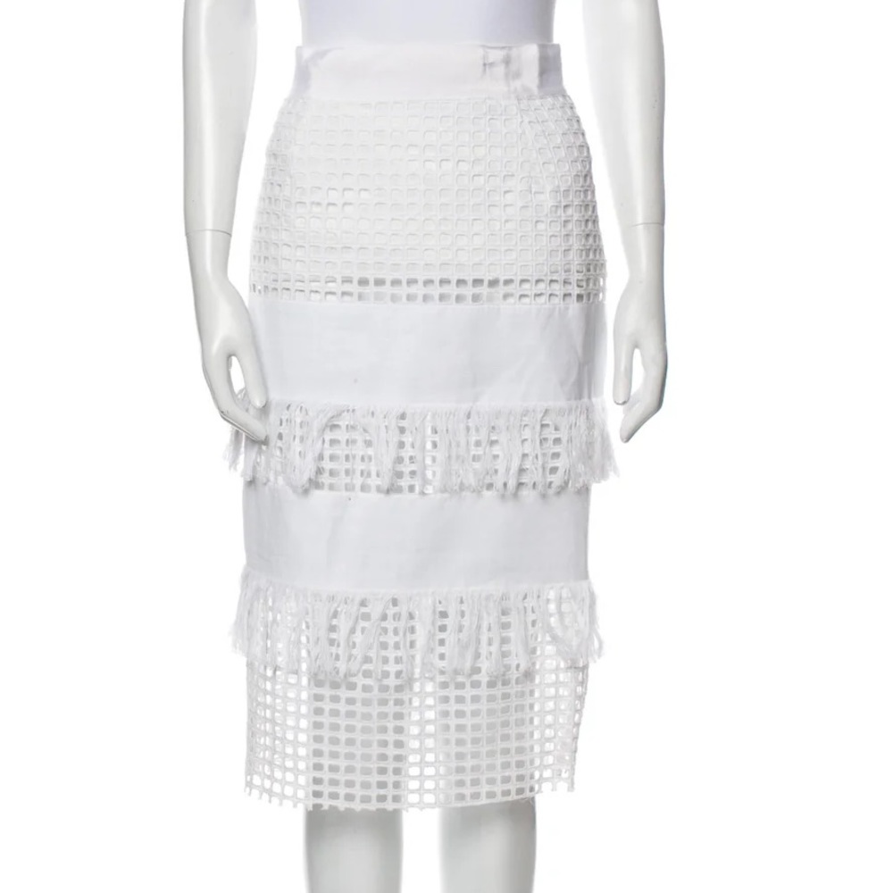 Sea New York laser cut eyelet fringe midi Skirt in white high waist slit